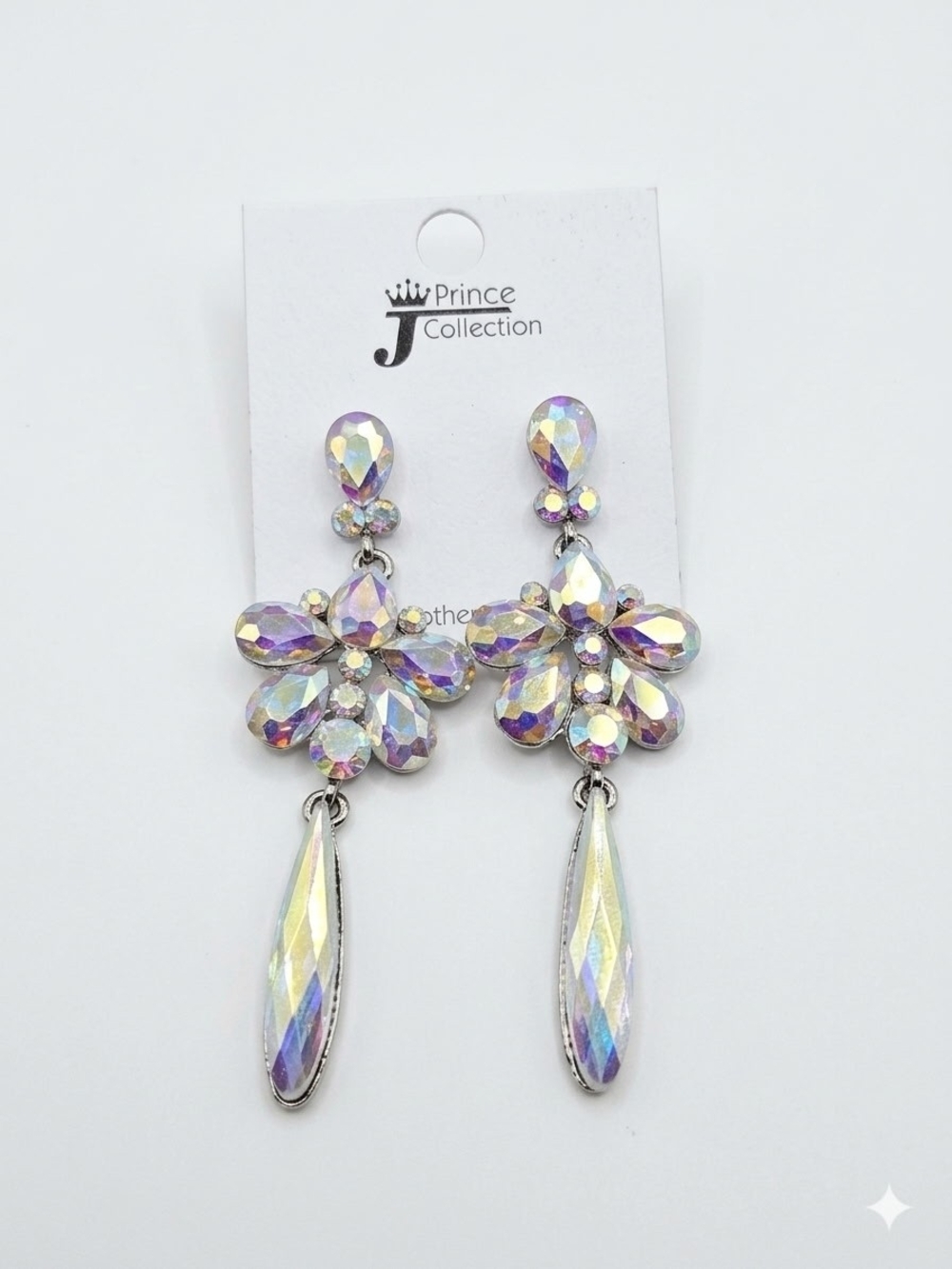 J Prince Collection Iridescent Crystal Flower Drop Earrings - Aurora White NWT